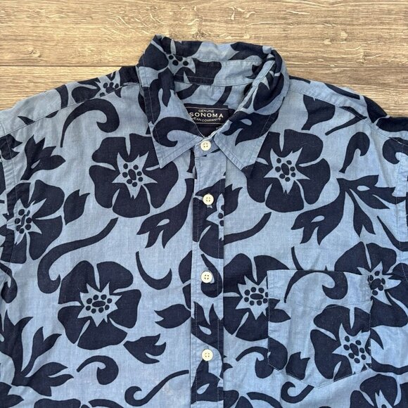 Sonoma Mens L Hawaiian Button Down Shirt Blue Aloha Tropical Camp Beach Flowers - Picture 2 of 14